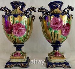 Pair Antique French Sevres-style 11cobalt Blue & Gold Handpaint Porcelain Vases