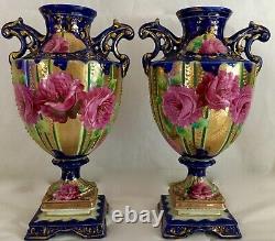 Pair Antique French Sevres-style 11cobalt Blue & Gold Handpaint Porcelain Vases