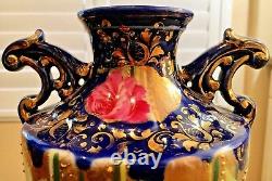 Pair Antique URN VASES Hand Painted in Cobalt Blue Gold Gilt & Floral Decoration