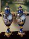 Pair French Sevres Style Porcelain Covered Urns Cobalt Blue Gold Angel 26 Tall