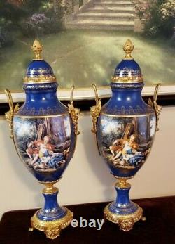 Pair French Sevres Style Porcelain Covered Urns Cobalt blue gold Angel 26 Tall