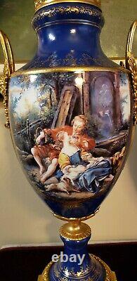 Pair French Sevres Style Porcelain Covered Urns Cobalt blue gold Angel 26 Tall