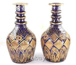 Pair Large Vintage Bohemian Persian Market Glass Cobalt Blue & Gold Decanters