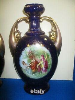 Pair Of Large Scenic Royal Vienna Cobalt & Gold Vases Urns