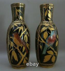 Pair Of Vases, Porcelain, 12.5, Coalport, England Cobalt Blue, Gilded, Birds. 1881
