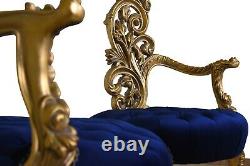 Pair Of Vintage, Gold Leaf, Tufted Cobalt Blue Velvet, Hand Carved, Armchair