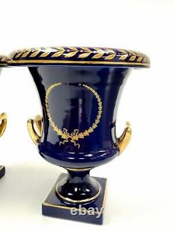 Pair of 8 Cobalt Blue with Gold Gild 2 Handled URN VASES by Trenton Potteries