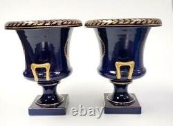 Pair of 8 Cobalt Blue with Gold Gild 2 Handled URN VASES by Trenton Potteries
