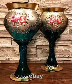Pair of Moser Bohemian Enamel & Gilded Cobalt Glass Mantelpiece Pedestal Vases