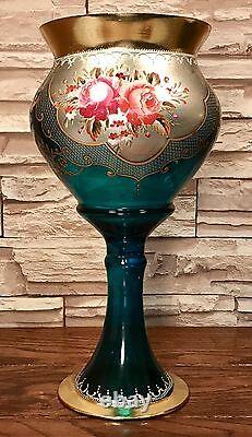 Pair of Moser Bohemian Enamel & Gilded Cobalt Glass Mantelpiece Pedestal Vases
