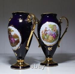 Pair of Porcelain LIMOGES CASTLE France Cobalt Scenic Signed Gold Handled Vases