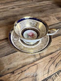 Paragon Cobalt Blue And Gold Tea Cup And Saucer With Pink Rose