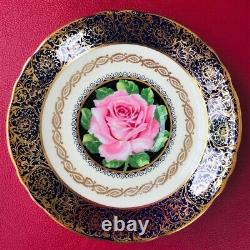 Paragon Cobalt Blue Gold Gilding Teacup & Saucer Floating Pink Cabbage Rose