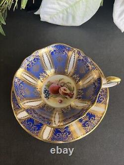 Paragon Cobalt Blue Gold Square Her Majesty's Cup &Saucer Fruit Pattern England