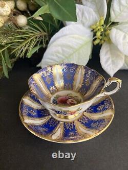 Paragon Cobalt Blue Gold Square Her Majesty's Cup &Saucer Fruit Pattern England