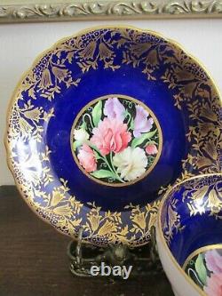 Paragon England Tea Cup And Saucer Cobalt Blue Flowers On Black Gold