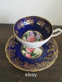 Paragon England Tea Cup And Saucer Cobalt Blue Flowers On Black Gold