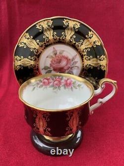 Paragon Large Pink Floating Rose on Black and Gold Teacup Tea Cup Saucer