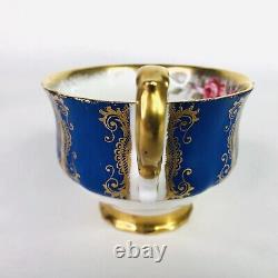 Paragon Tea Cup & Saucer Cobalt Blue Cabbage Rose Gold Signed R Johnson Vintage