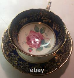 Paragon Tea Cup and Saucer Cobalt Blue with Gold Gilt & Large Pink Rose