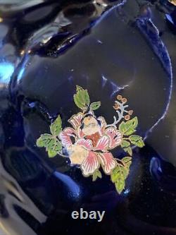 Pheasants, Peacocks Cobalt Blue & Gold Ceramic Urn Handled Floral Vase 16 VTG