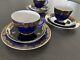 Porcelain Cobalt Blue Gold Set Of Three Tea Cups, Saucers Desert Plates Russian