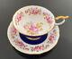 Rare Aynsley Cobalt Blue Pink Cabbage Rose Gold Ribbed Teacup Tea Cup Saucer