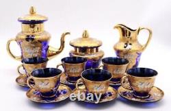 RARE Czech Bohemian Cobalt Art Glass Tea Set with 24k Gold and Enamel Detailing