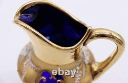 RARE Czech Bohemian Cobalt Art Glass Tea Set with 24k Gold and Enamel Detailing