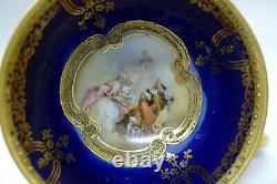 ROYAL VIENNA HAND PAINTED c. 1891 GOLD JEWELED COURTING SCENE CUP & SAUCER