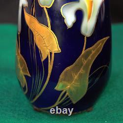 RS Prussia Suhl 7 Vase Calla Lily White Yellow withGold on Cobalt Blue 1910-1917