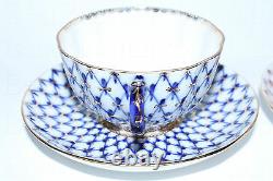 RUSSIAN Imperial Lomonosov Porcelain 2 Tea Cup and Saucer Cobalt Net Blues Gold