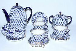 RUSSIAN Imperial Lomonosov Porcelain Coffee Set Cobalt Net 6/14 22k Gold