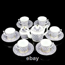 RUSSIAN Imperial Lomonosov Porcelain Tea set Cobalt Net 6/14 Gold Blue New Bone