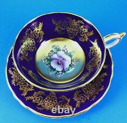 Rare Hand Painted Pansy on Gold with Cobalt Border Paragon Tea Cup and Saucer