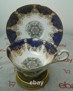 Rare Paragon Cobalt Blues Floral Fan Pastels Gold Teacup and Saucer Set Vintage