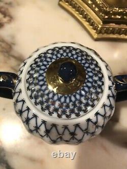 Rare Signed Imperial Russia Cobalt Blue Gold Tea Pot Sugar Bowl set