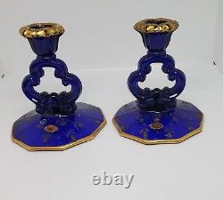 Rare Vintage (2) Cambridge Glass Cobalt Blue & Gold Etched Candlesticks