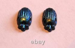 Rarest Pair 1910 Gold Iridescent Tiffany Cobalt Blue Favrile Art Glass Scarabs