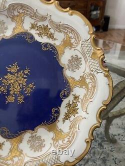 Reichenbach Blue Cobalt Large Plate Gold Gilded With Flowers. Gorgeous