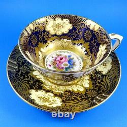 Rich Gold & Cobalt with Floral Center Crown Staffordshire Teacup and Saucer Set