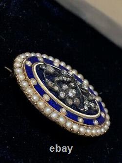 Rose Cut Diamond, Seed Pearl 14k Gold Antique Cobalt Blue Forget Me Not Brooch