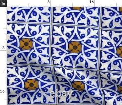 Round Tablecloth Tile Vintage Blue White Gold Cobalt And Medieval Cotton Sateen