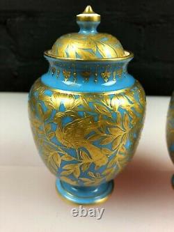 Royal Crown Derby A Rare Find Pair 1894 Hand Painted Vases Urns Blue Gold 5 H