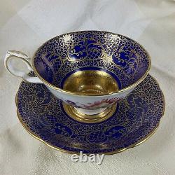 Royal Stafford Floral Bouquet Cobalt Etched Gold Bone China Tea Cup & Saucer