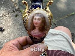Royal Vienna Porcelain Hand Painted Portrait Covered Urn Cobalt Gold & Beaded