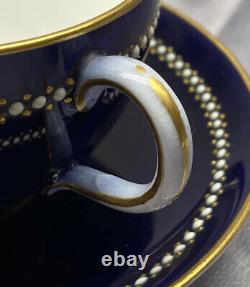 Royal Worcester Antique Cup & Saucer Cobalt Blue Gold White Jewel