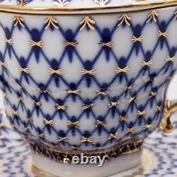 Russian Imperial Lomonosov Porcelain Cobalt Net Teacup Saucer Lid Set
