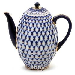 Russian Imperial Lomonosov Porcelain Coffee Set Cobalt Net 20 pc Authentic