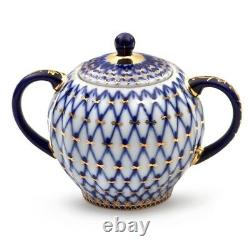 Russian Imperial Lomonosov Porcelain Coffee Set Cobalt Net 20 pc Authentic